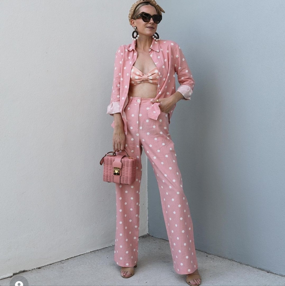 Zara 2 pcs linen blend polka dot shirt + pants set - Picture 1 of 8